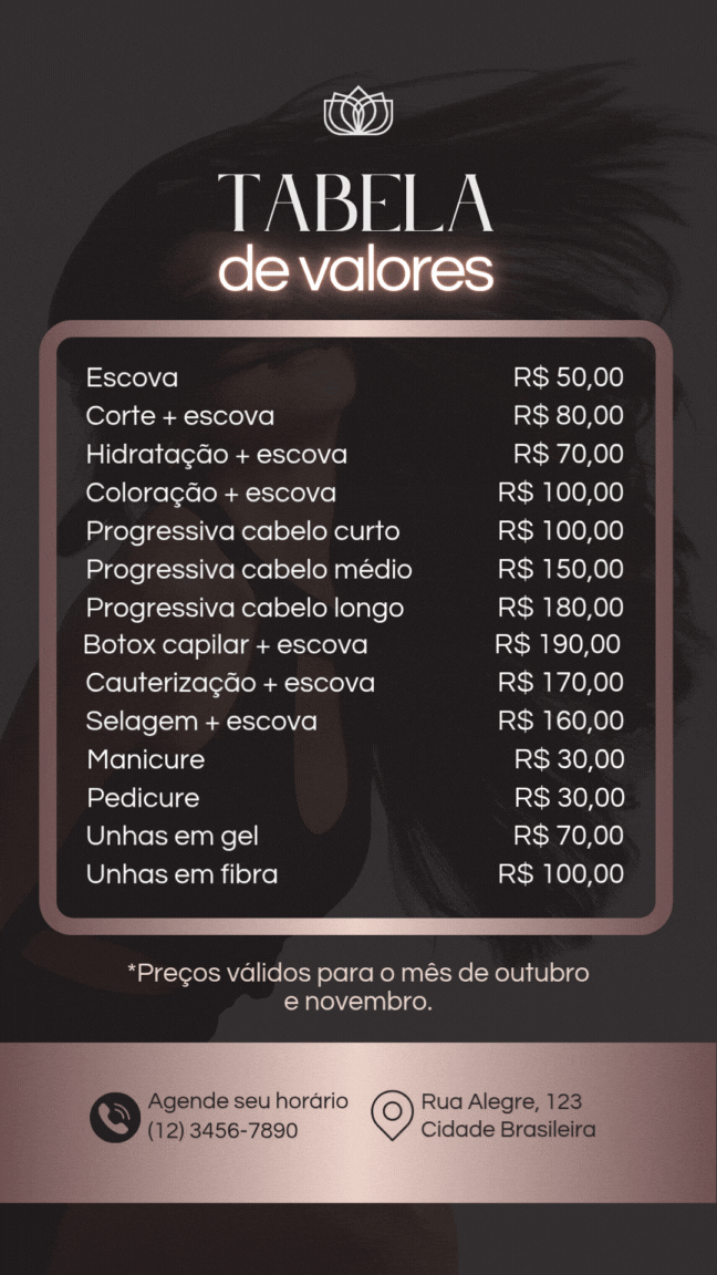 Banner Story instagram tabela de valores para salão de beleza degradê em branco e rosa.gif